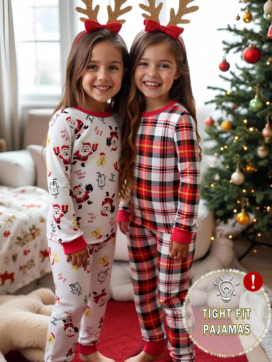 Girls' Christmas Plaid & Santa Claus Gingerbread ,White,Autumn,Fairy,Night,Tight Crew Neck Long Sleeve Pants Snug Fit Homewear Set,High Stretch - Multicolor - View 1