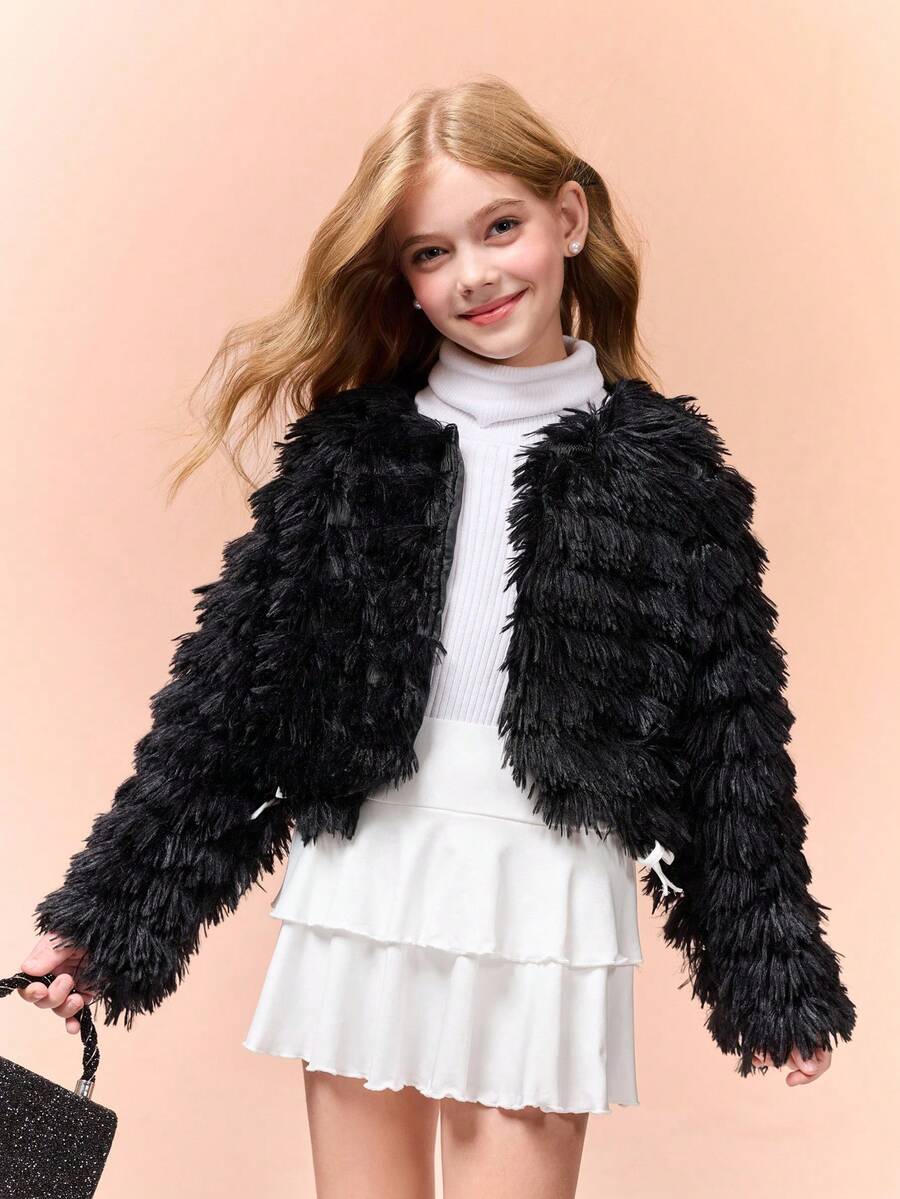 Tween Girls Black Loose Fit Short Coats, Autumn/Winter - Black - View 1
