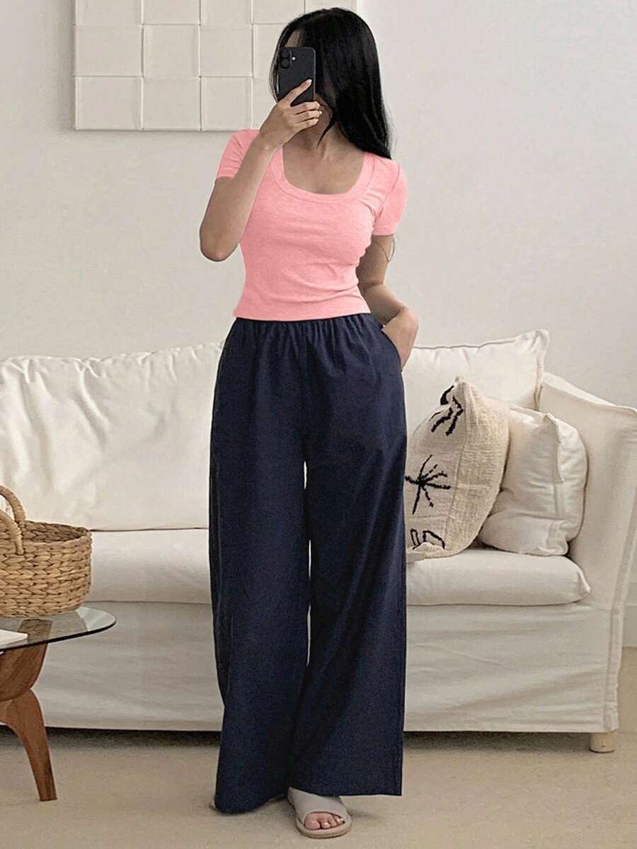 DAZY 2 件套女士舒适罗纹 U 领短款上衣和直筒宽松睡裤套装,家居服 - 淺粉色 - 查看 1