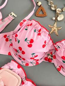 Swim Mod Women's Sweet Floral Ruffle Cherry Print Swimsuit Set For Summer Beach Vacation - Baby Pink - View 4