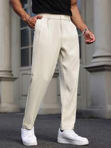 Manfinity Mode Manfinity Plus Size Men's Suit Pants, Waist Rivet Design, Business Casual Fashion Versatile Straight Leg Trousers, Great Gift For Boyfriend Or Husband Beige Pants For Men Men High Waisted Pants Men Pleated Suit Pants Khaki Dress Pants Men Cream Pants Men