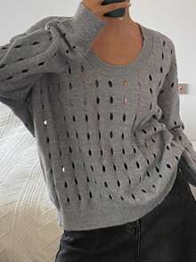 DAZY Women's Solid Color Loose Hollow Out Long Sleeve Casual Street Knit Sweater, Autumn/Winter - Grey - View 4