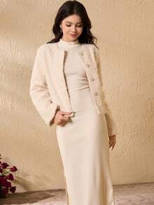 Elegant Minimalist Elegant Round Neck Long Sleeve Short Plush Woolen Coat With Turtleneck Long Sleeve Fitted Waist Dress Set, Teenage Girls Winter Fashion Outfit