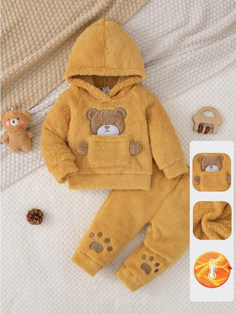 SHEIN Vintaside Kids 2件套女婴双面羊毛可爱小熊刺绣连帽卫衣和裤子套装 - 芥末黃 - 查看 1