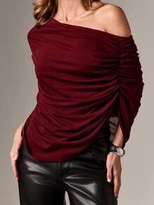 AiiRZ Off Shoulder Draped Top With Elegant Ruched Design For Fall Winter Evening Occasions - Burgundy - View 5