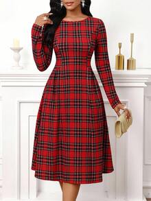 SHEIN Lady 女式格子圆领长袖优雅中长连衣裙 - 紅色 - 查看 8