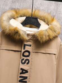 SHEIN Tween Boys' Casual Letter Graphic Thermal Lined Thick Hooded Jacket, Suitable For School, Garden, Beach, Birthday, Autumn/Winter - Khaki - View 3