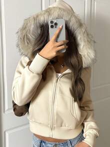 SHEIN EZwear 女士休闲杏色前拉链卫衣，适合日常穿着、毕业典礼、返校、教师着装、秋冬季。 - 杏色 - 查看 5