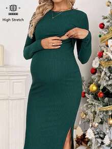 SHEIN Elegant Solid Color Side Slit Fitted Maternity Dress, Autumn,Christmas Costumes Long Sleeve Maternity Dress Pregnant Dress Maternity Long Sleeve Dress Pregnancy Dress For Photoshoot - Dark Green - View 3