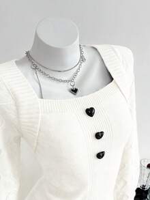 Elamini 可爱心形休闲百搭女式毛衣 - 米色 - 查看 3