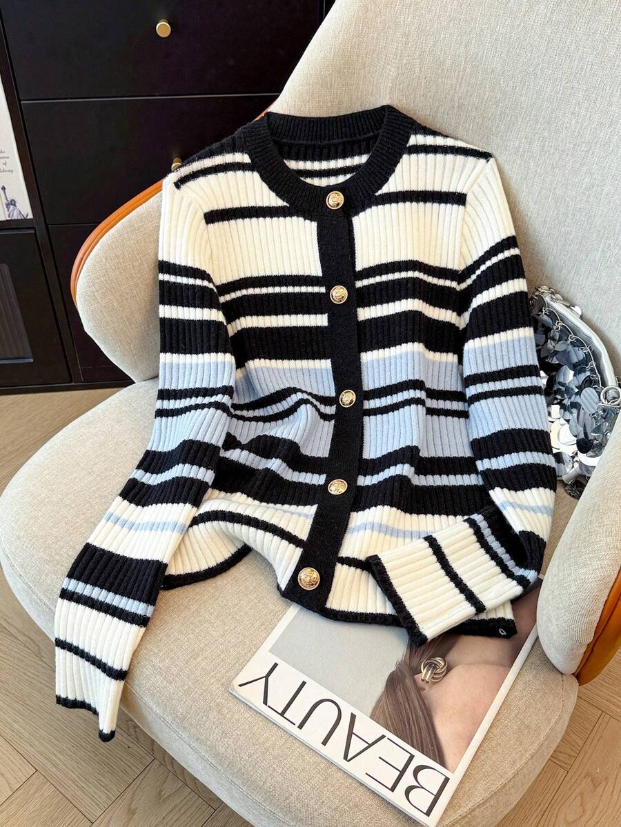 Regalyn كارديجان محبوك بألوان متباينة مخطط للنساء ذوات الحجم الكبير، شتوي