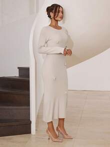 Modelyn Women 3D Floral Decor Fitted Crew Neck Long Sleeve Sweater Dress,Fall Clothes For Women, Winter Dress Women,Women's Winter Sweater - Camel - View 6