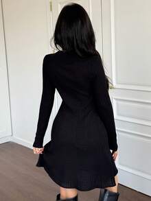 Feyla 女士休闲针织长袖翻领纽扣设计连衣裙，秋冬 - 黑色 - 查看 6