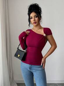 SHEIN Elenzya Women's Solid Color Metal Decor Asymmetric Collar Fitted Fashionable Blouse - Red Violet - View 3