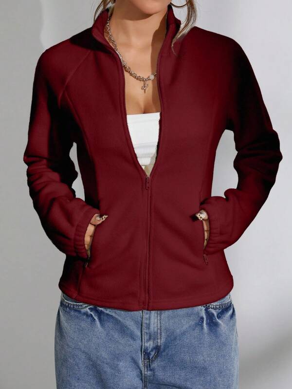 SHEIN Unity 1 件女士休闲羊毛面料修身纯色拉链长袖夹克