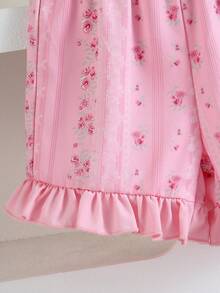 Elladie kids 女婴优雅可爱刺绣彼得潘领荷叶边背心和短裤套装，适合日常外出、度假、公园玩耍、夏季 - 粉色 - 查看 8