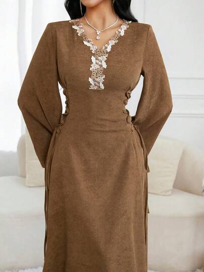 Al Najma Women's Lace Patchwork V-Neck Elegant Long Sleeve Turkish & Arabic Traditional Maxi Dress Kaftan Jalabiya Dress