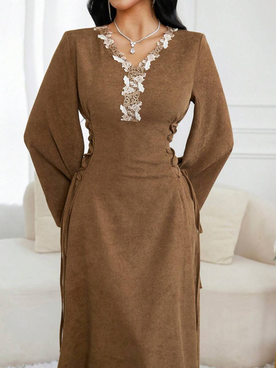 Al Najma 女士蕾丝拼布V领优雅长袖土耳其和阿拉伯传统长裙 - 棕色 - 查看 1