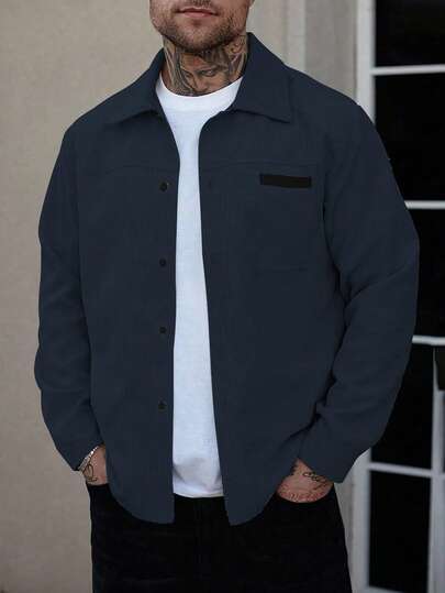 Manfinity Homme 男士衬衫外套 男士前扣长袖口袋简约衬衫夹克 休闲日常装 男士夹克 男士衬衫外套 秋冬男士夹克 男友礼物 出门保暖长袖休闲灯芯绒法兰绒外套