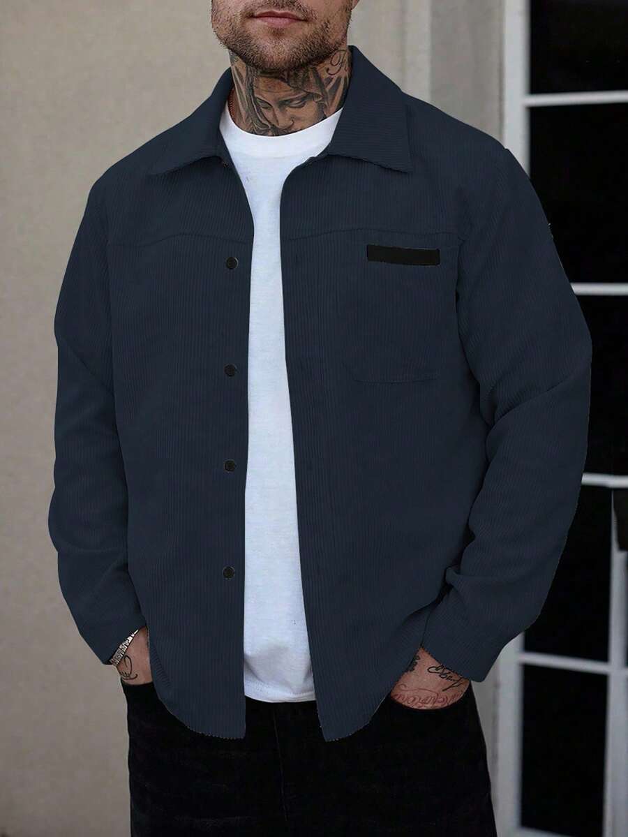 Manfinity Homme 男士海軍藍燈芯絨法蘭絨襯衫外套,長袖鈕扣式秋季休閒登山工作外套,附口袋,保暖冬季送禮首選 - 藏蓝色 - 查看 1