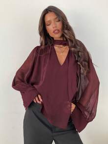 Aloruh 女士优雅通勤雪纺深V领长袖衬衫 - 紫色 - 查看 6