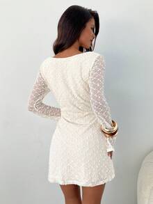 Aloruh Women's Winter Elegant Square Neck Ruched Flare Sleeve Fitted A-Line Mini Dress,Winter Dresses For Women,Women Dresses Autumn Winter , Elegant Dresses For Women,White Dresses For Women,Dresses For Women Elegant - Beige - View 3