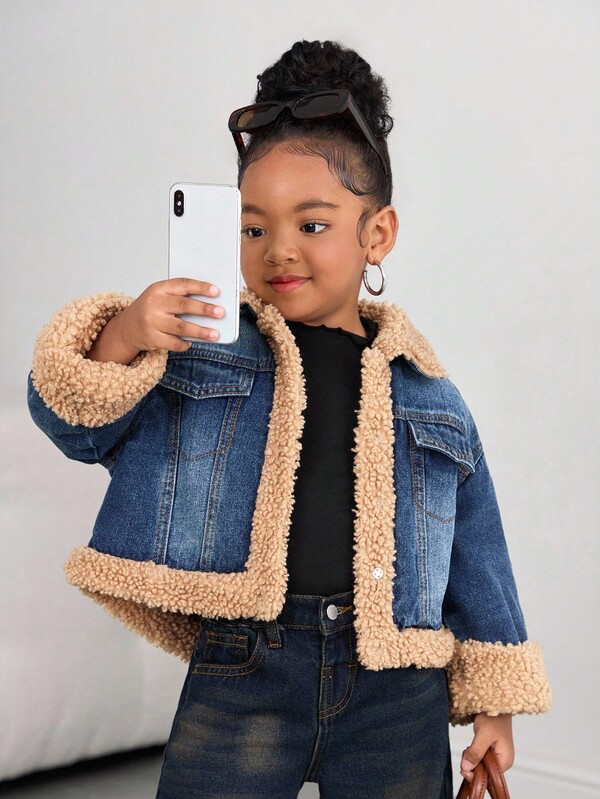 SHEIN Young Girl' Loose Fit Blue Denim Fleece Lined Jacket, Autumn/Winter