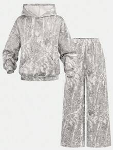 Tween Girl Fashionable Printed Hoodie Sweatshirt & Straight Leg Thermal Lined Pants 2 Pieces Set Kids Y2k Clothes Sweat Sets Tweens Comfy - Multicolor - View 6