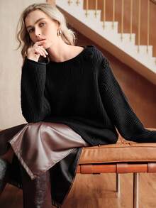 Uhlyne Solid Color Minimalist Crew Neck Long Sleeve Sweater, Elegant Casual High-End Vintage Style, Handcrafted Crochet Details, Women Knit Pullover Suitable For Daily Commute, Holidays, Parties - Black - View 6
