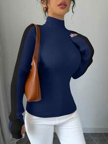 Rafferiza Women's Casual Ribbed Contrast Color Turtleneck Basic Top - Navy Blue - View 3