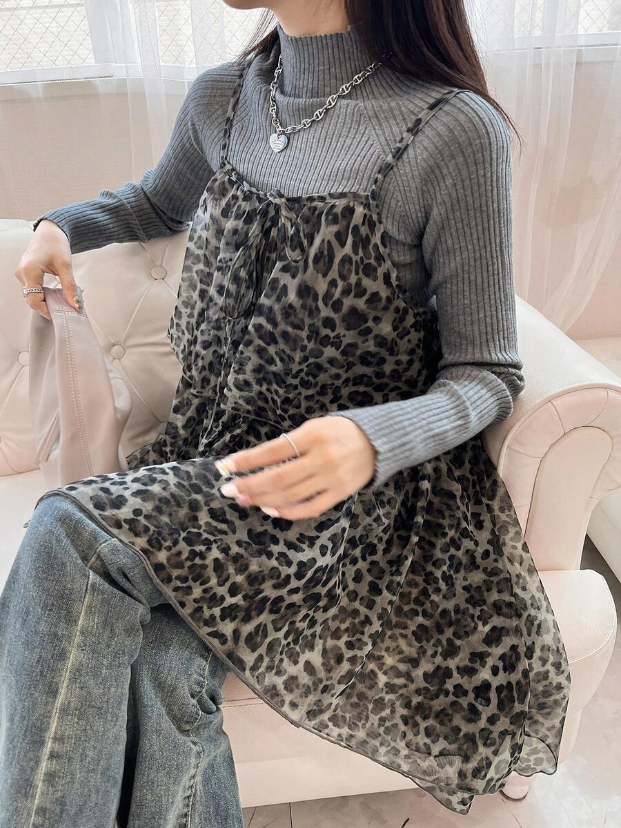 FRIFUL 女士时尚休闲豹纹不对称下摆吊带背心 - 灰色 - 查看 1