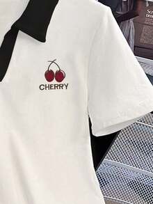 INAWLY 樱桃图案短袖休闲百搭女式T恤，夏季 - 白色 - 查看 4