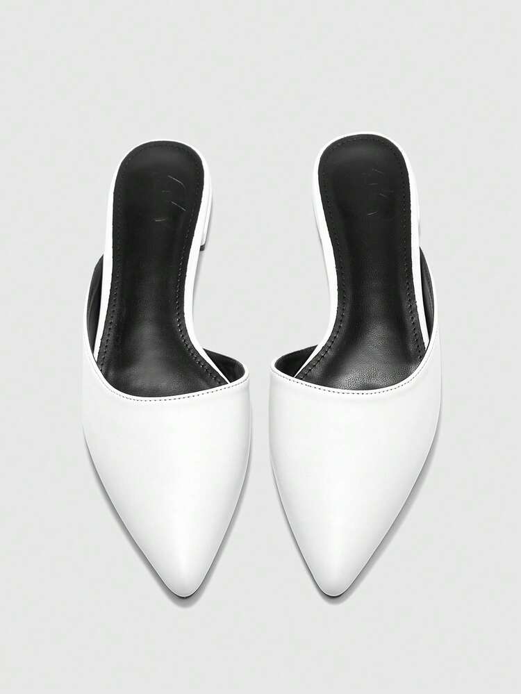 CUCCOO BIZCHIC 女性用 尖った先端 スリッポン ミュール、白いPUレザー、フラットヒール、カジュアル サマーシューズ