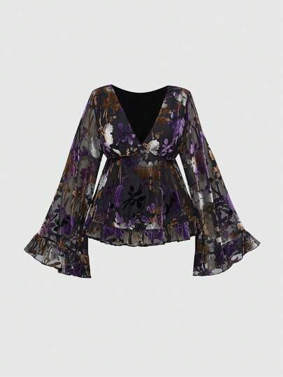 Goth Plus Size Ombre Floral Glitter Velvet Texture V-Neck Flare Sleeve Top