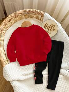 SHEIN Conjunto de sudadera de cuello redondo de manga larga y leggings suaves, gruesos y cómodos con estampado de Papá Noel, renos, lazos y copos de nieve de Happikins, en color rojo burdeos, adecuado para uso diario en otoño/invierno, Navidad, Año Nuevo y estilo callejero - Multicolor - Ver 2
