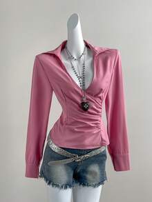 SHEIN Unity Women's Solid Color Casual Commuter Shirt, Early Autumn - Pink - View 5
