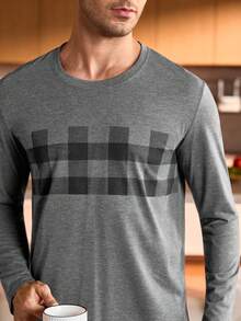 Manfinity Underwear&Sleepwear Basics 男士格子圆领长袖上衣和裤子睡衣套装，秋冬服装，圣诞节 - 深灰色 - 查看 5