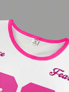 SHEIN Sparklyn Bộ đồ thể thao tay ngắn cổ tròn in họa tiết màu trắng cỡ lớn cho bé gái tuổi mới lớn kèm quần short bó sát, màu hồng, trang phục dạo phố mùa hè - trắng - Xem 4