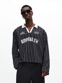 SUMWON Brooklyn 条纹长袖 Polo 衫，白色领子细节，休闲款 - 黑色 - 查看 5