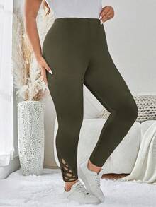 SHEIN LUNE 加大码镂空纯色健身紧身裤，非常适合运动装健身房女装 - 軍綠色 - 查看 3