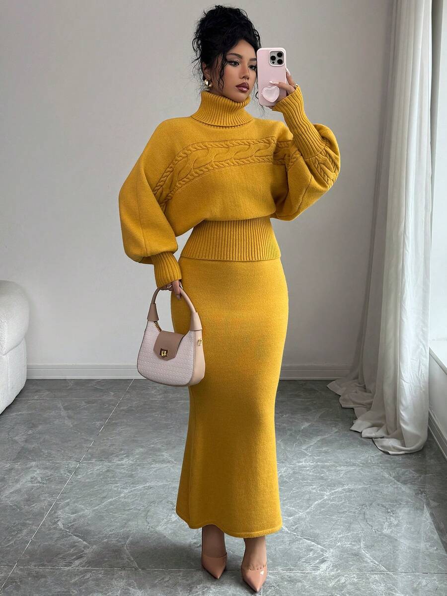 SHEIN Elenzya 女式秋冬 Anneusta 上衣，适合度假、独立日、劳动节、哥伦布日、感恩节、情人节、街头风格、复古风、斯堪的纳维亚风、垃圾摇滚风、韩式风格、休闲装、工作服、教师装、返校装、哥特风、办公室装、商务休闲装、金黄色高领针织毛衣两件套 - 黃色 - 查看 1