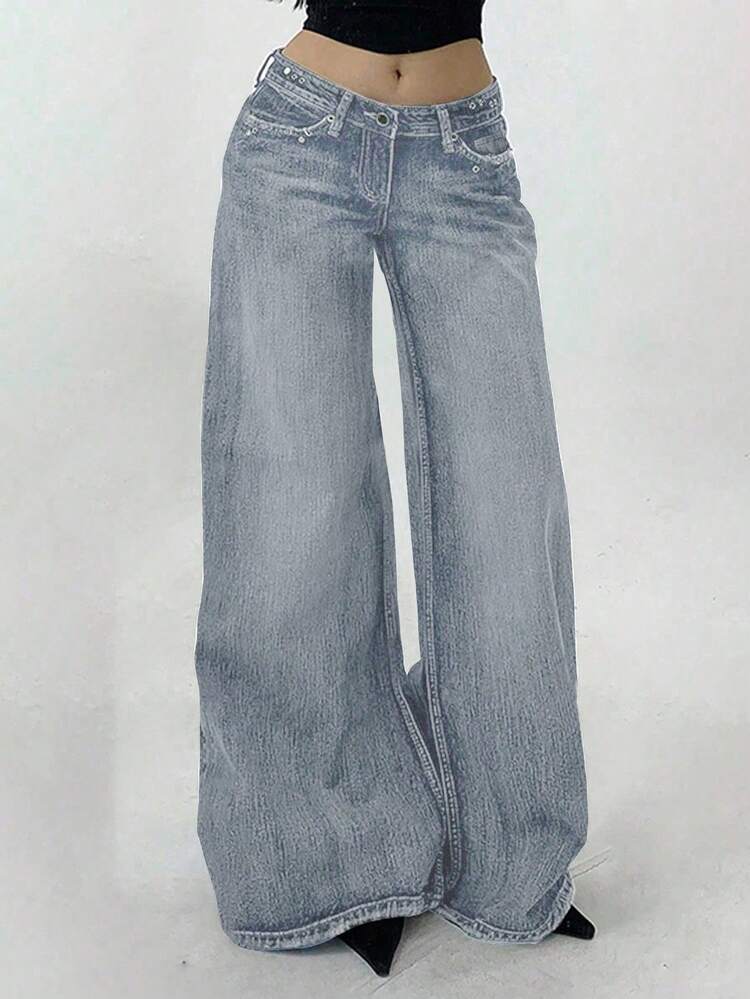 Women's Pocket Loose Wide Leg Casual Versatile Jeans
