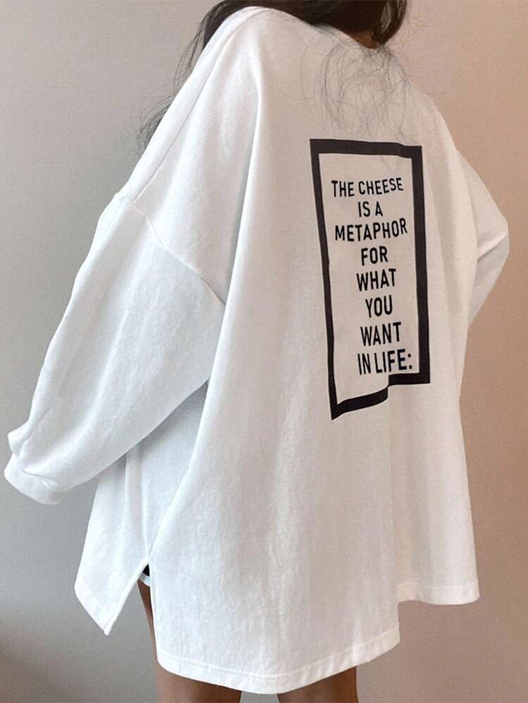 Slogan Graphic Drop Shoulder Split Hem Oversized Tee THE CHEESE IS A METAPHOR FOR WHAT YOU WANT IN LIFE,Back To School Clothes Long Sleeve Women Tops
