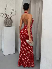 SHEIN SXY 女式性感深V领波尔卡圆点优雅吊带鱼尾下摆连衣裙 - 玫瑰紅 - 查看 2