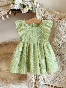 SHEIN Vintaside Kids 女婴梦幻网眼无袖纯色连衣裙，简约风格，适合节日、优雅外出和舒适的居家时刻，春夏季 - 綠色 - 查看 7