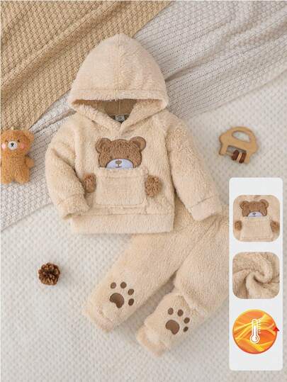 SHEIN Vintaside Kids 2件套粉色双面绒可爱熊刺绣套装