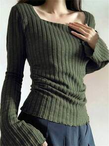 INAWLY Women's Casual Solid Color Square Neck Bell Sleeve T-Shirt, Autumn Fall Cloth For Women