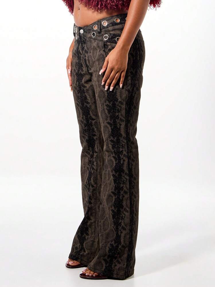 SUMWON WOMEN Snake Print Denim Flare Jeans With Eyelet Details