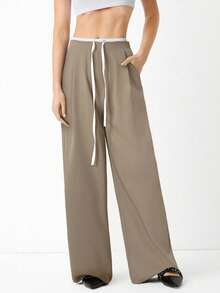 SHEIN EZwear 女款卡其色拼色休闲裤，女款春秋休闲抽绳口袋阔腿长款卡其色宽松裤，休闲日常穿搭 - 卡其色 - 查看 5