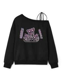 Y2Kool Studio Chunk 女士秋季黑色Y2K美式复古火焰蝴蝶字母涂鸦印花性感露肩不对称下摆毛边无帽卫衣宽松上衣秋冬图案连帽衫女士露肩卫衣女士S码卫衣图案卫衣黑色Y2K上衣时尚服装系列新年穿搭黑色图案卫衣蝴蝶骷髅图案女士图案卫衣辣妹休闲上衣 - 黑色 - 查看 5